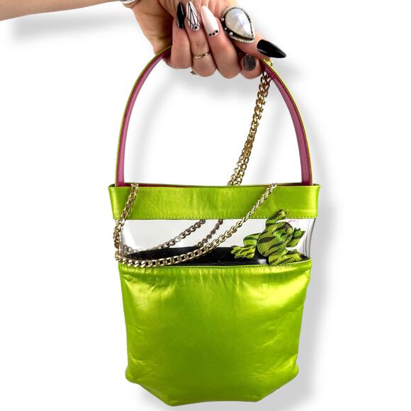 90's rare designer metallic green leather frog bag by TIMOTHY HITSMAN